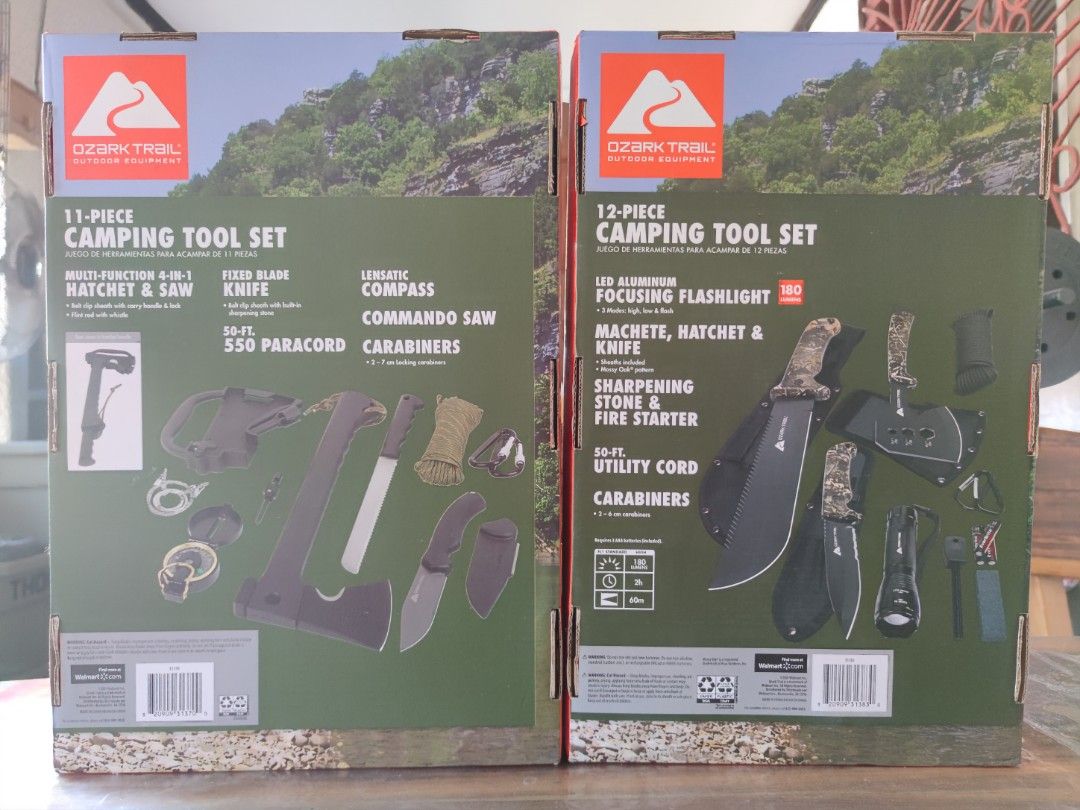 Ozark Trail Camping Sets (Category: Hiking & Camping) located in Meycauayan. Submitted by superpr0xy (Listing ID 1209118955, Image 2). Description: Ozark Trail Camping Sets Ozark Trail 12 Pack Camping Tool Set with Flashlight, Machete, Knife 10" Machete with comfortable handle Paracord handle hatchet and Knife Sharpening stone and fire starter Durable protective sheaths included for machete, hatchet and knife LED aluminum focusing flashlight 3 mo