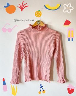PINK RIBBED KNIT FRILLS SWEATER