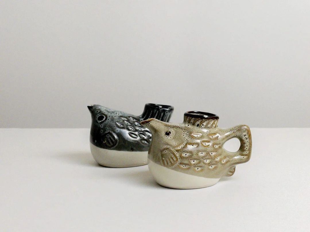Puffer fish sake decanter/bud vase (Category: Coffee & Tea Tableware) located in Quezon City. Submitted by yugen_ph (Listing ID 1209199384, Image 2). Description: Puffer fish sake decanter/bud vase/display D: 4.8 x 3” H: 3.3” Capacity: 250ml Origin: Japan Condition: VGC, like new Stock: 2 dark gray, 2 beige Price: ₱295/pc • Comment ‘M’ + quantity to reserve. • Wait for invoice • Modes of payment: GCash/ BPI **Metro Manila shipping through Lalamov