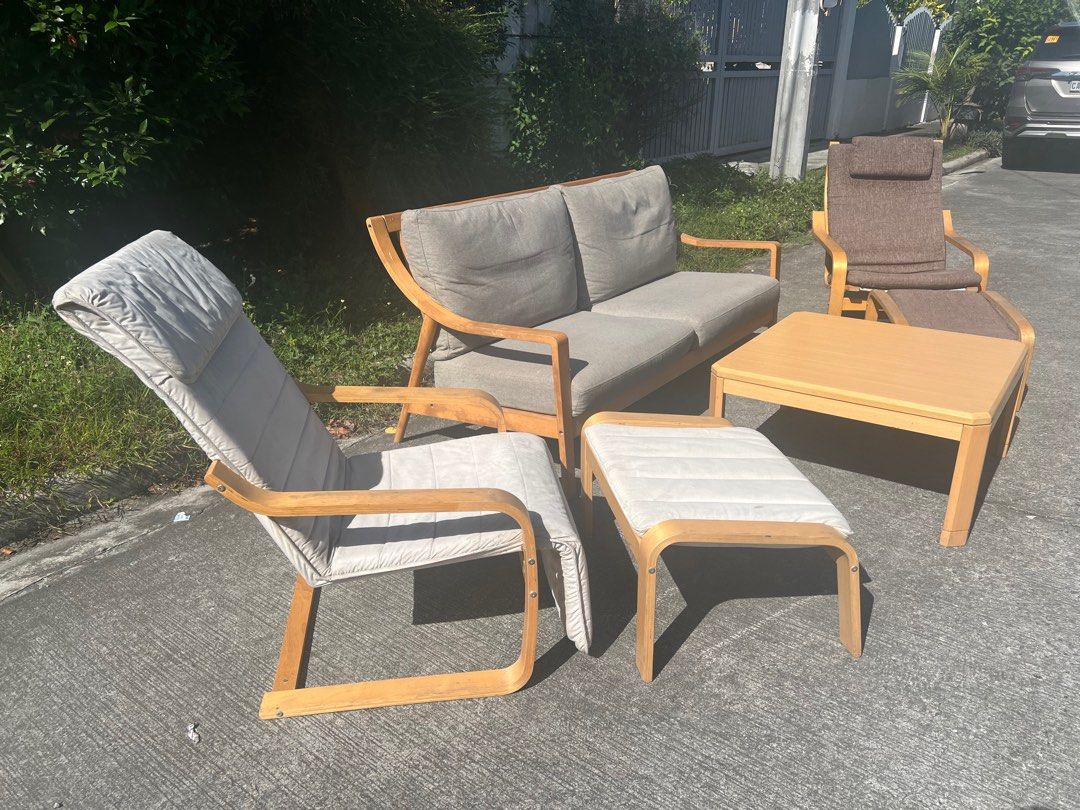 Scandenavian style 3 seater sofa and IKEA racking chairs with ottoman ...