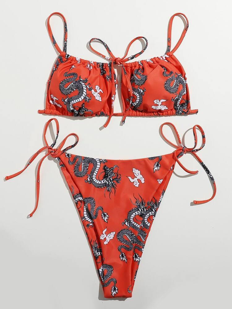 Shein Curve Dragon Print Tie Bikini Plus Size, Women's Fashion