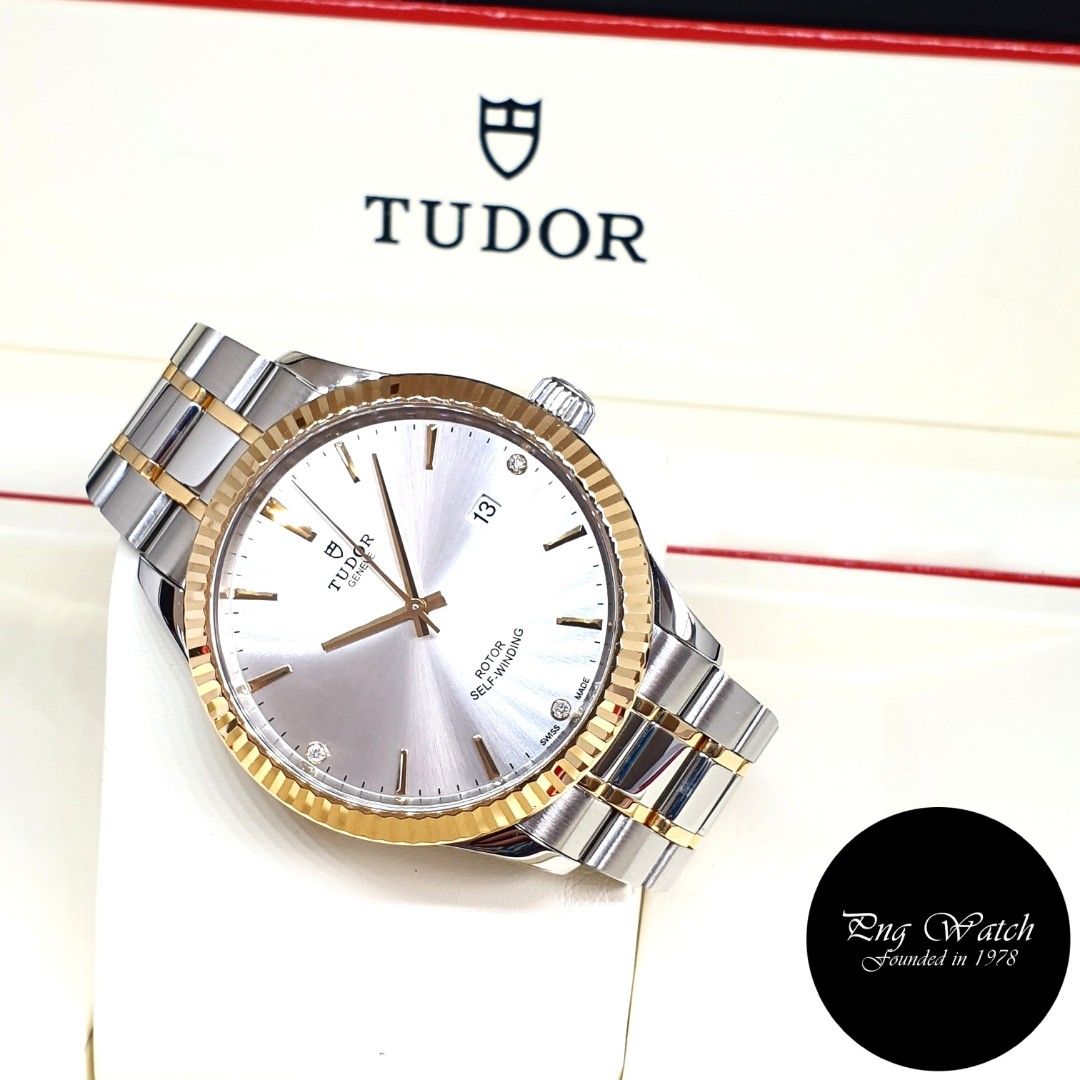 Tudor 41mm Unisex Style Silver Diamonds Half Gold Dress Timepiece REF: 12713 (I Serial-2017) (Category: Watches) located in Singapore. Submitted by pngwatchdealer (Listing ID 1209151603, Image 1). Description: [FACEBOOK REVIEWS] https://goo.gl/rsxvPy [SPECIFICATIONS] **Comes in full option (Box, Card and Accessories)** Brand: Tudor Model: 41mm Style Diamonds REF: 12713 (I)(17)(L) Movement: Automatic (Self-Winding) Functions and Features: Date, Ho