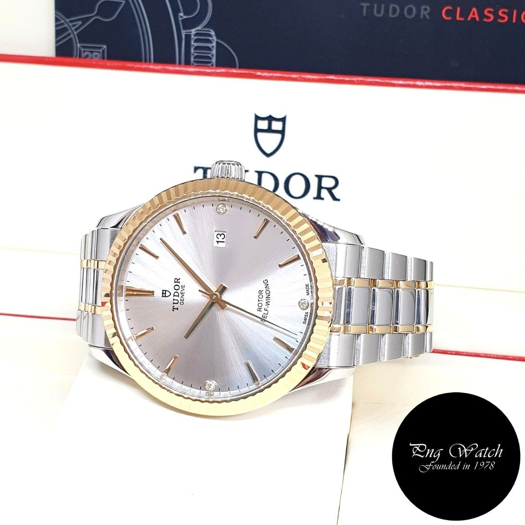 Tudor 41mm Unisex Style Silver Diamonds Half Gold Dress Timepiece REF: 12713 (I Serial-2017) (Category: Watches) located in Singapore. Submitted by pngwatchdealer (Listing ID 1209151603, Image 2). Description: [FACEBOOK REVIEWS] https://goo.gl/rsxvPy [SPECIFICATIONS] **Comes in full option (Box, Card and Accessories)** Brand: Tudor Model: 41mm Style Diamonds REF: 12713 (I)(17)(L) Movement: Automatic (Self-Winding) Functions and Features: Date, Ho