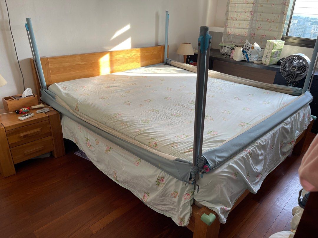 (Used) King Size Oak Wood Bed Frame with Mattress and 2 Side Tables