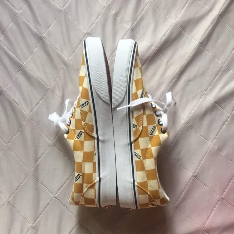 Yellow checkered vans best sale laces