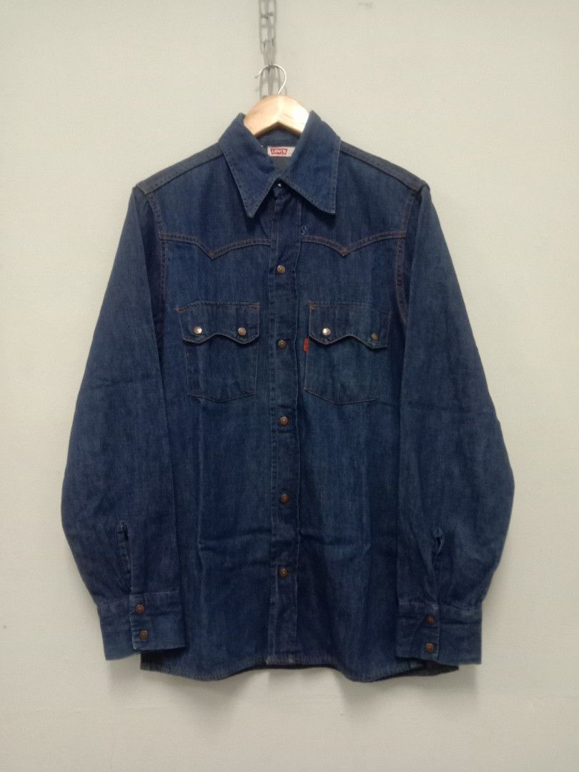 Vintage 70s Levis Big E Orange Tab Denim Western Shirt, Men's