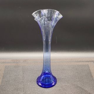 Vintage Cobalt Blue Hand Blown Glass 10 1/2" Tall Vase with Ruffled Edge