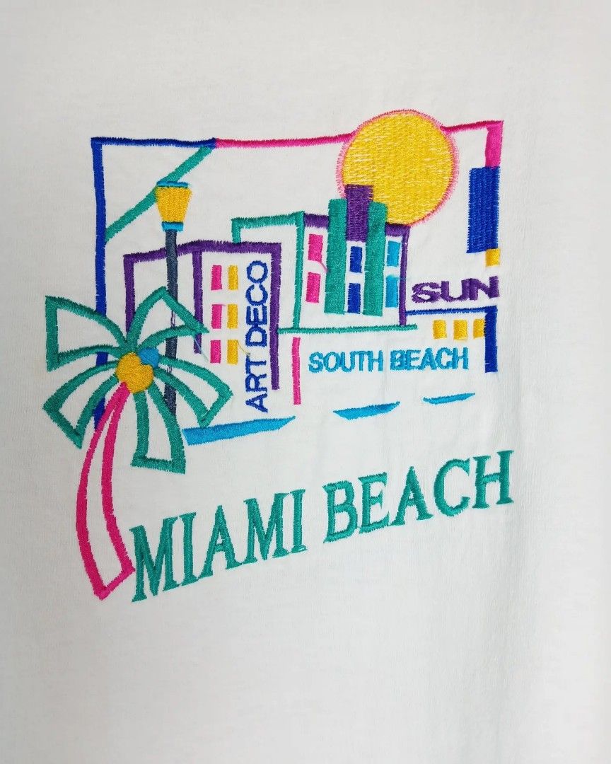 Vintage Embroidered Miami Beach white shirt, Men's Fashion, Tops & Sets