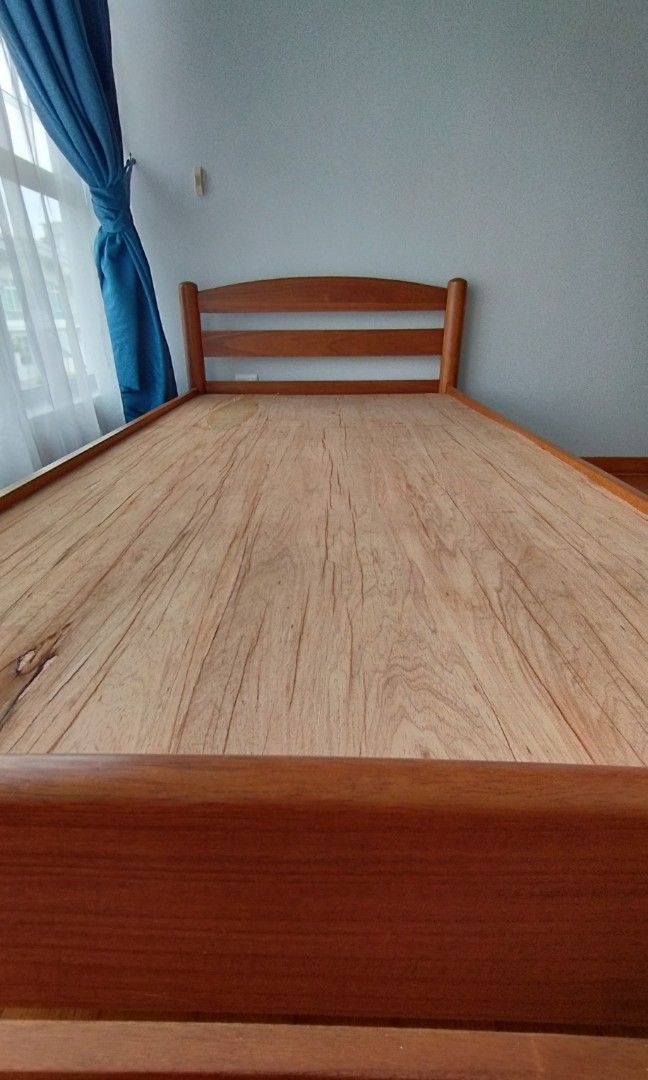 Wooden single bedframe with slats and plywood base, Furniture & Home