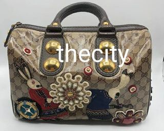 Gucci Vintage Bee Web Boston GG Canvas Stripe Handbag Brown Medium Tote Bag