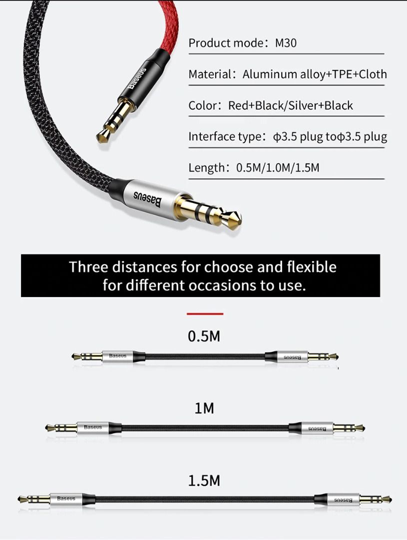 Baseus M30 Yiven Aux Audio Cable Male to Male 3.5mm Jack 0.5M 1M 1.5M Headphones Speaker, Audio, Other Audio Equipment on Carousell