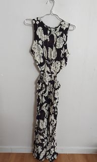 Black and White Jumpsuit with Waist Detail and Floral Pattern