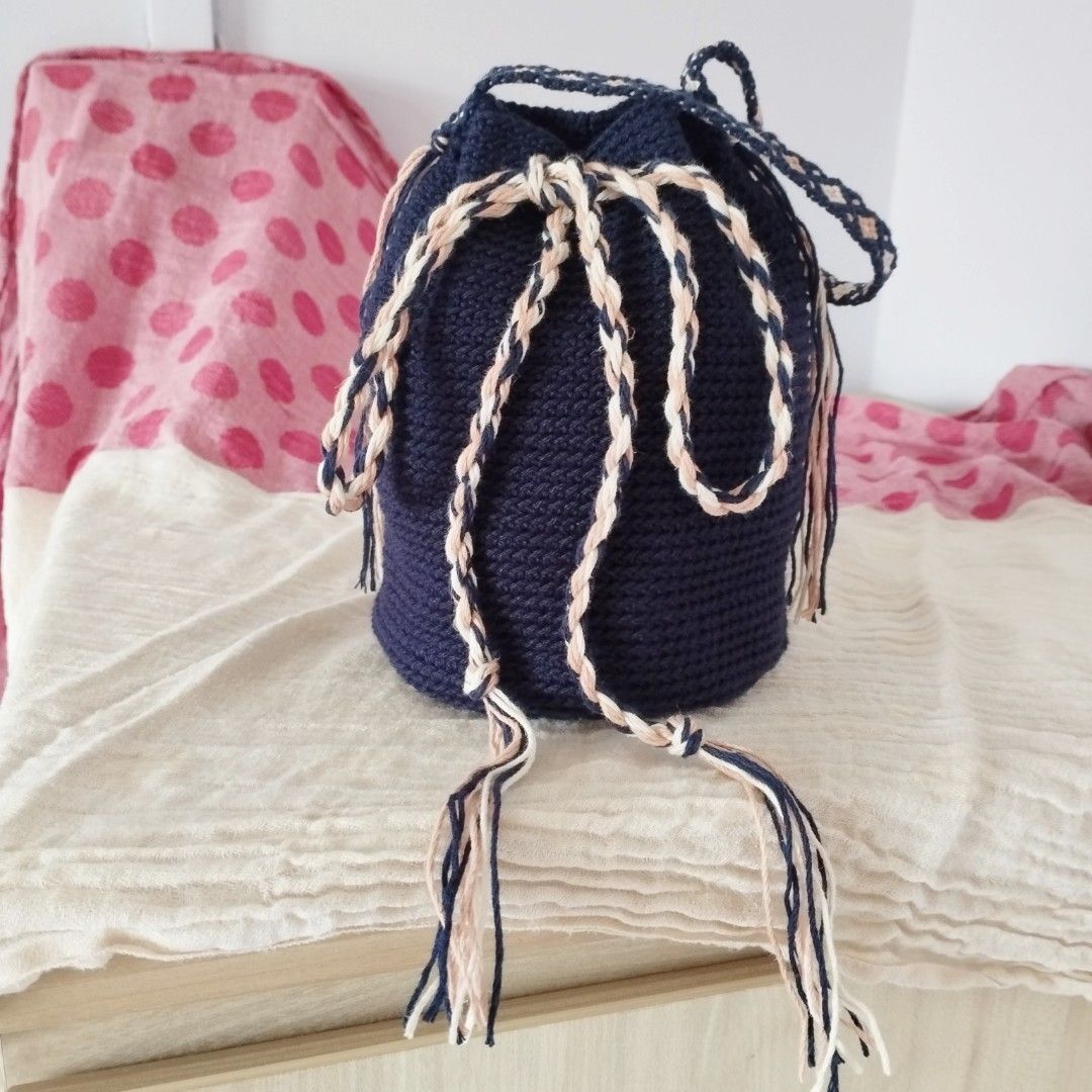 Blue crochet bucket drawstring wristlet. Boho purse. For her. Gift ideas.