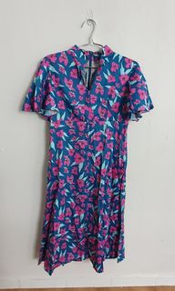 Blue Dress with Pink Floral Pattern and Cheongsam Collar