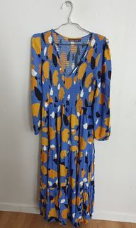 Blue Maxi Dress with Bell Sleeves and Patterned Details