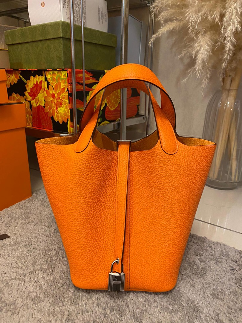Hermes Orange Poppy/Rouge H Taurillon Clemence Leather Picotin