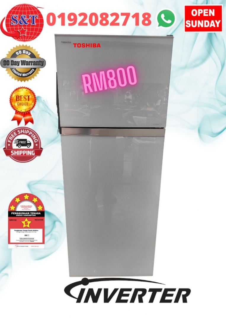 FRIDGE DOUBLE DOOR TOSHIBA INVERTER WHITE GLASS, TV & Home Appliances