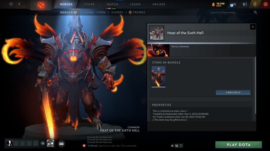 Heat Of Sixth Hell - Doom Set Dota 2 Ti 2022 Battle Pass 🔥, Video Gaming,  Gaming Accessories, In-Game Products On Carousell