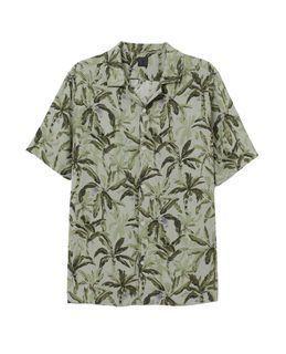 H&M Men Size S Kemeja Pantai / Short Sleeve Floral Leaves Button Up Collared Cotton Green (Size S)