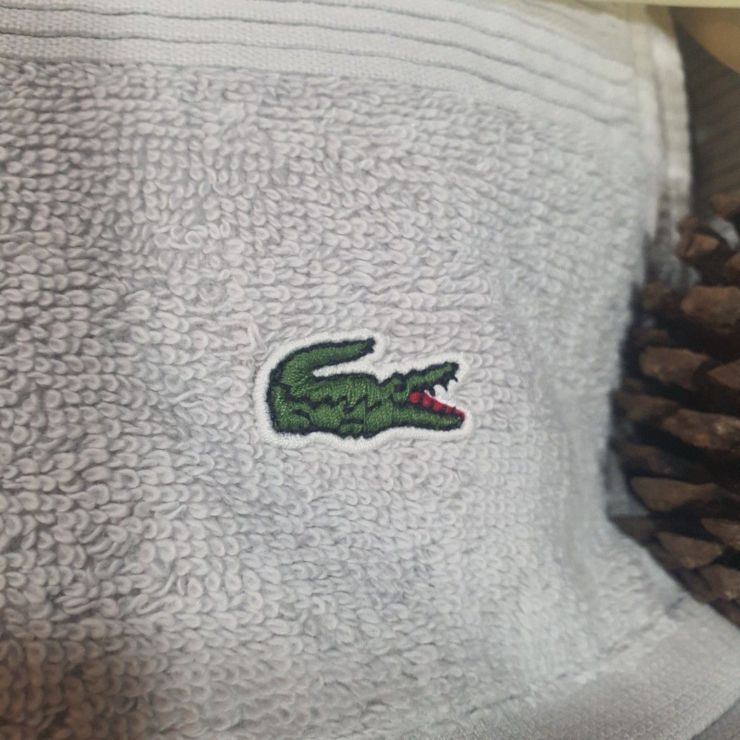 Lacoste Gray With White Stripes Terry Bath Towel With Alligator