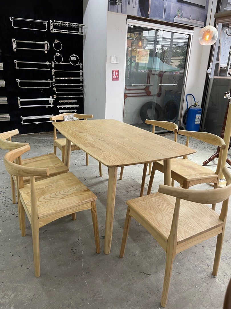 Minimalist Light Brown 6 Seater Dining Table Solid Wood, Furniture