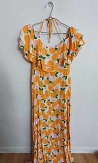 Off-shoulder Maxi Dress with Orange Patterns