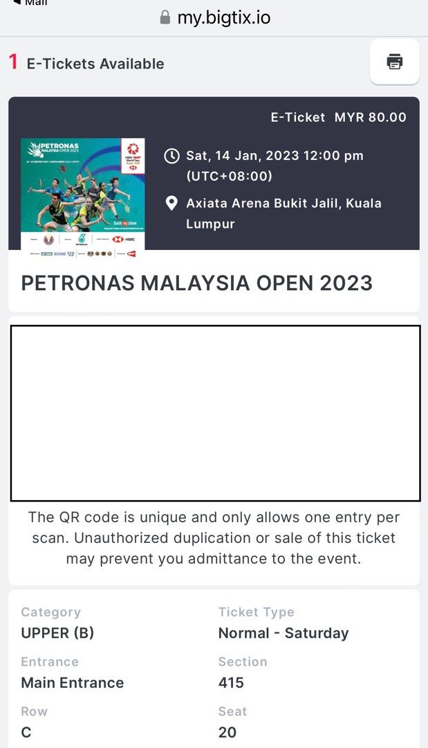 Petronas Malaysia Open 2023 (Saturday) 1 tix only, Tickets & Vouchers