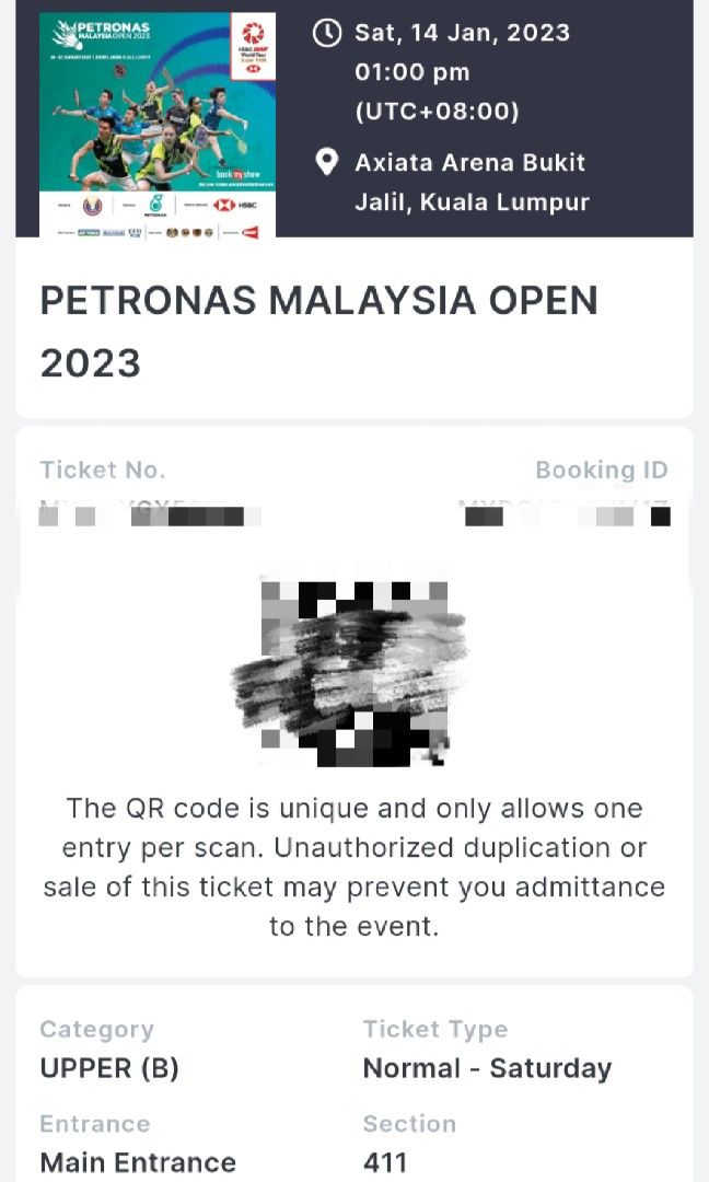 Petronas Malaysia Open 2023 Semifinal tickets Upper(B) Section 411, Tickets & Vouchers, Event