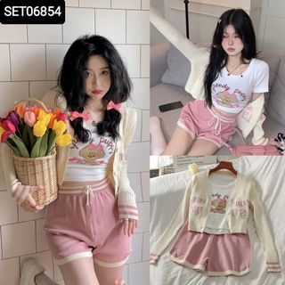SET06854 setelan celana pendek dan cardigan import setelan kaos import wanita