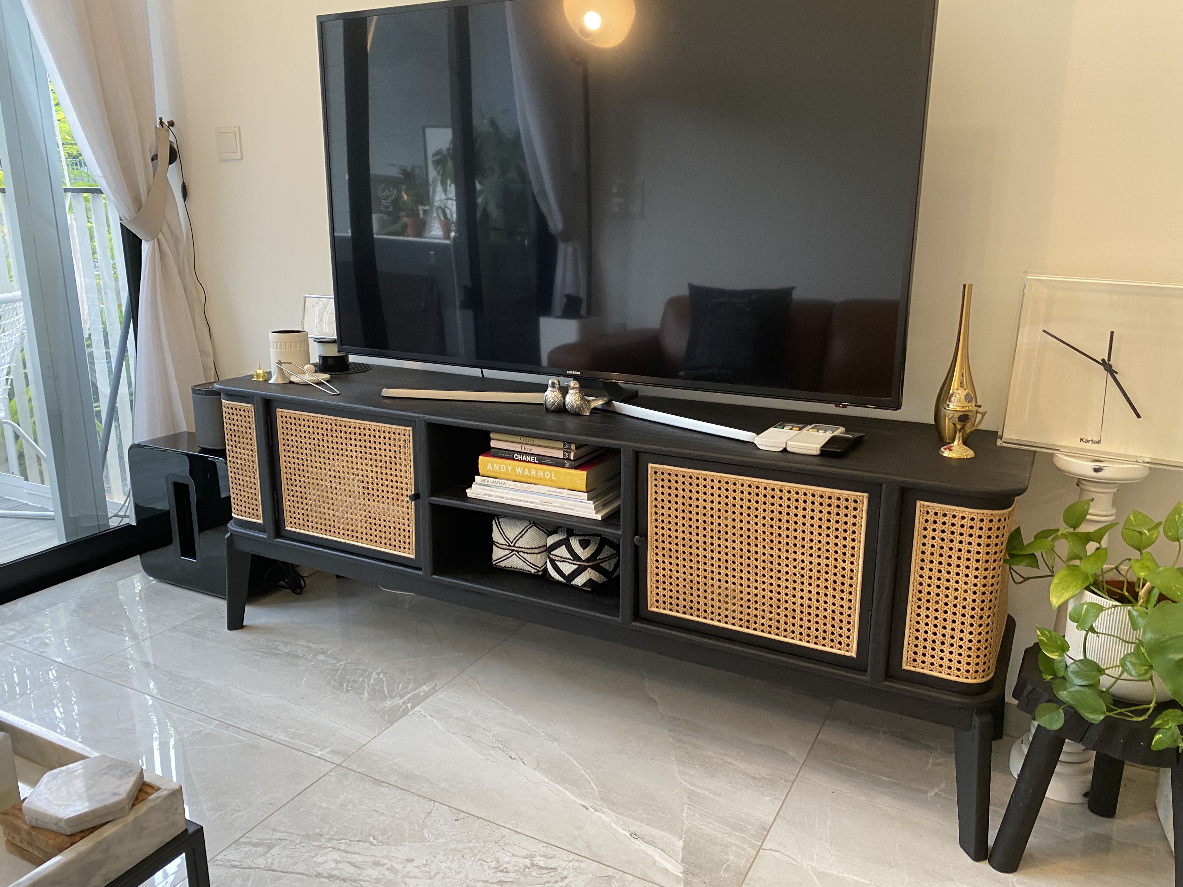 Solid Wood and rattan TV Console with doors, Furniture & Home Living