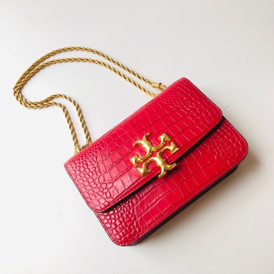 Tory Burch Croc Embossed Eleanor Red Chain Bag