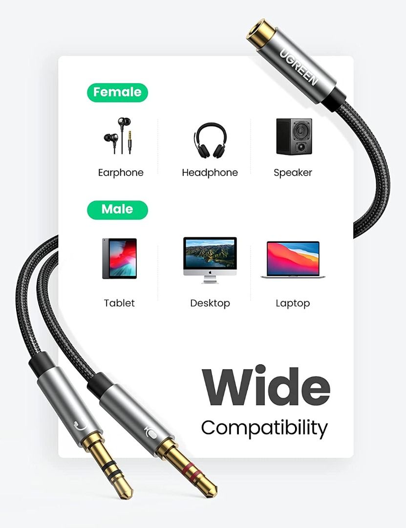 Headphone Splitter Adapter, 3.5mm Audio + Mic 4 Pole TRRS Splitter (3.5mm  Male to 2X 3.5mm Female) Jack Y Cable Compatible for Gaming Headset to
