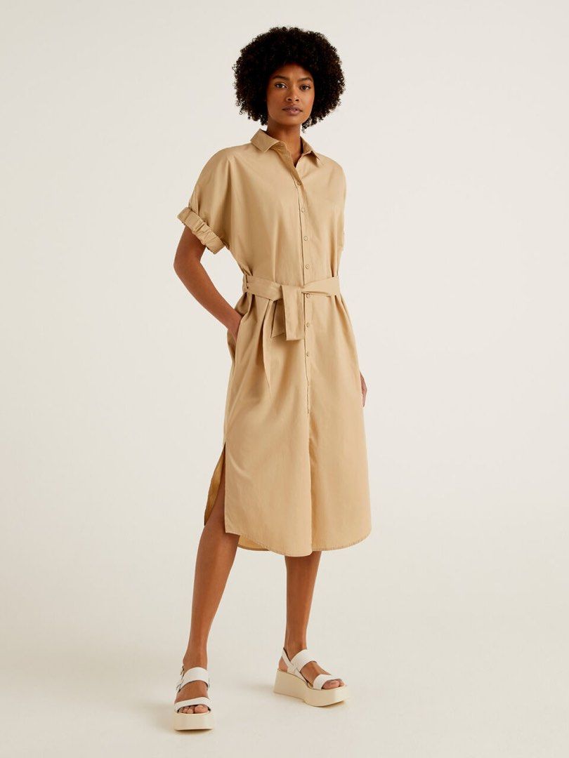 benetton shirt dress Women Regular Fit Spread Collar Solid Lace Detail Shirt Dress