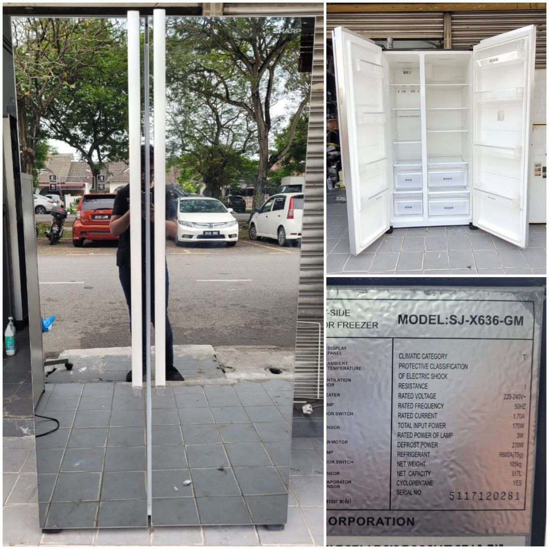 Used Sharp 2 side by side glass doors fridge 517L, refrigerator peti