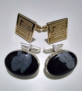 Vintage 2 Sets Cufflinks (1.JACOB OLDAK's Sterling Silver Snowflakes Obsidian Stone 2.SWANK's Gold Toned Musical Notes )
