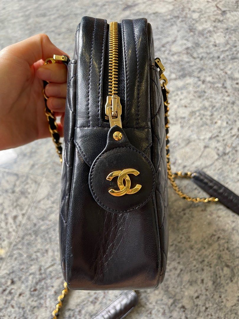 Vintage Chanel navy quilted lambskin leather tote shoulder bag