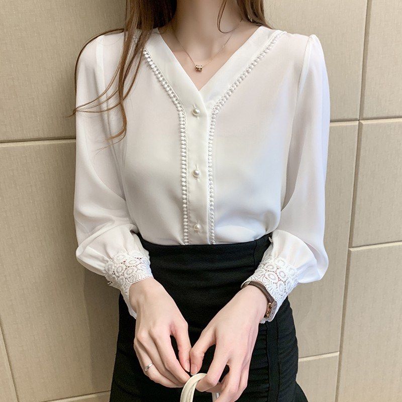 white elegant V neck long sleeve chiffon blouse