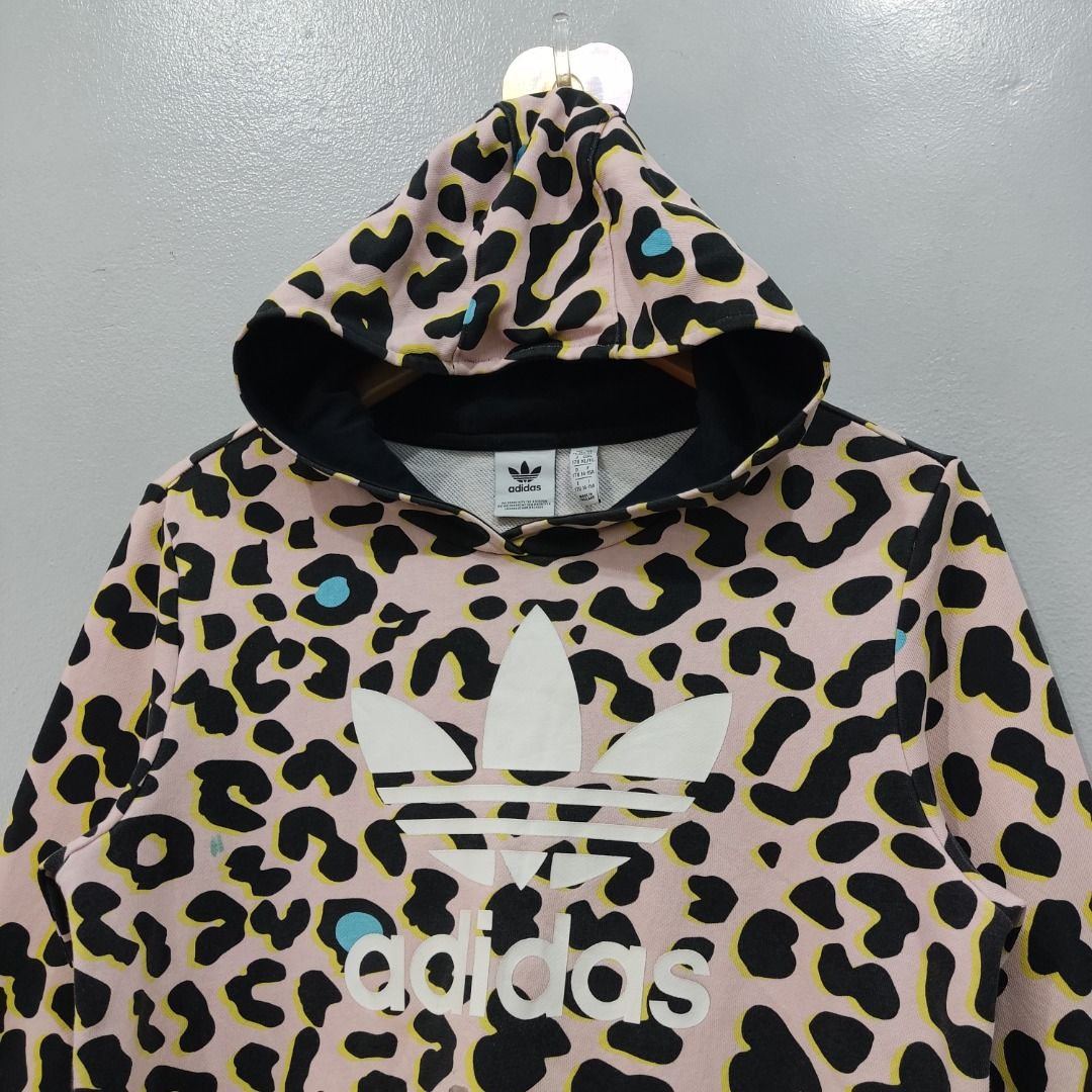 Adidas Fuzzy Leopard Print Trefoil Logo Cropped Top Hoodie