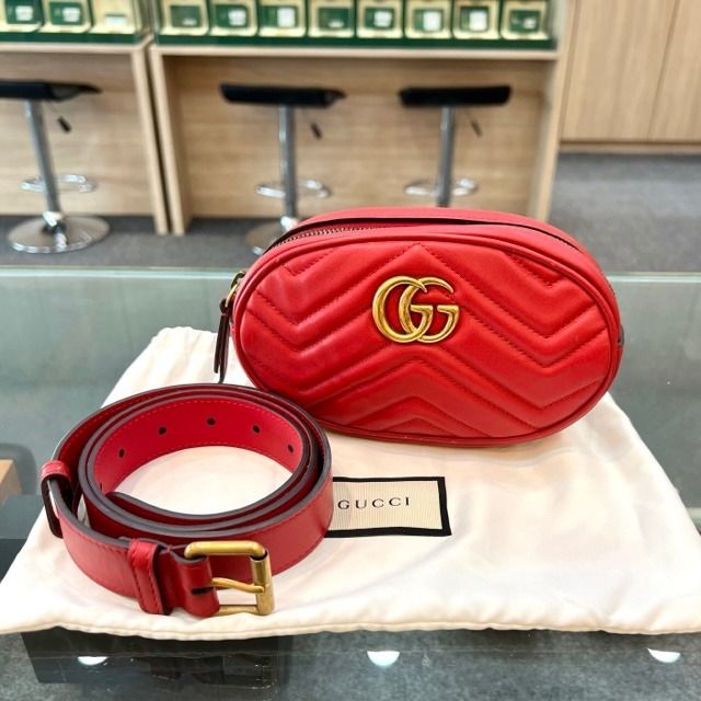 SOLD** GUCCI GG Marmont Red Leather Belt Bag, Luxury, Bags & Wallets on  Carousell