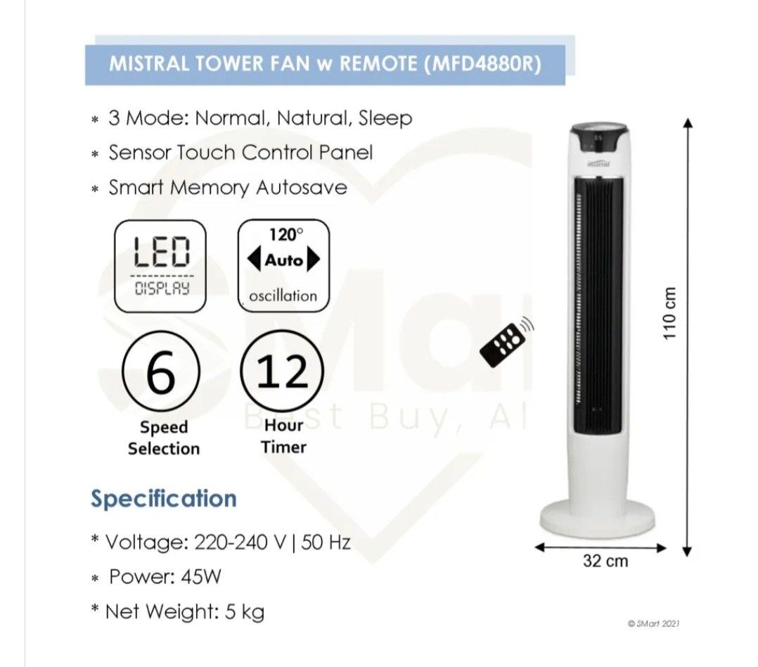 Mistral Tower Fan MFD4880R, Furniture & Home Living, Lighting & Fans, Fans on Carousell