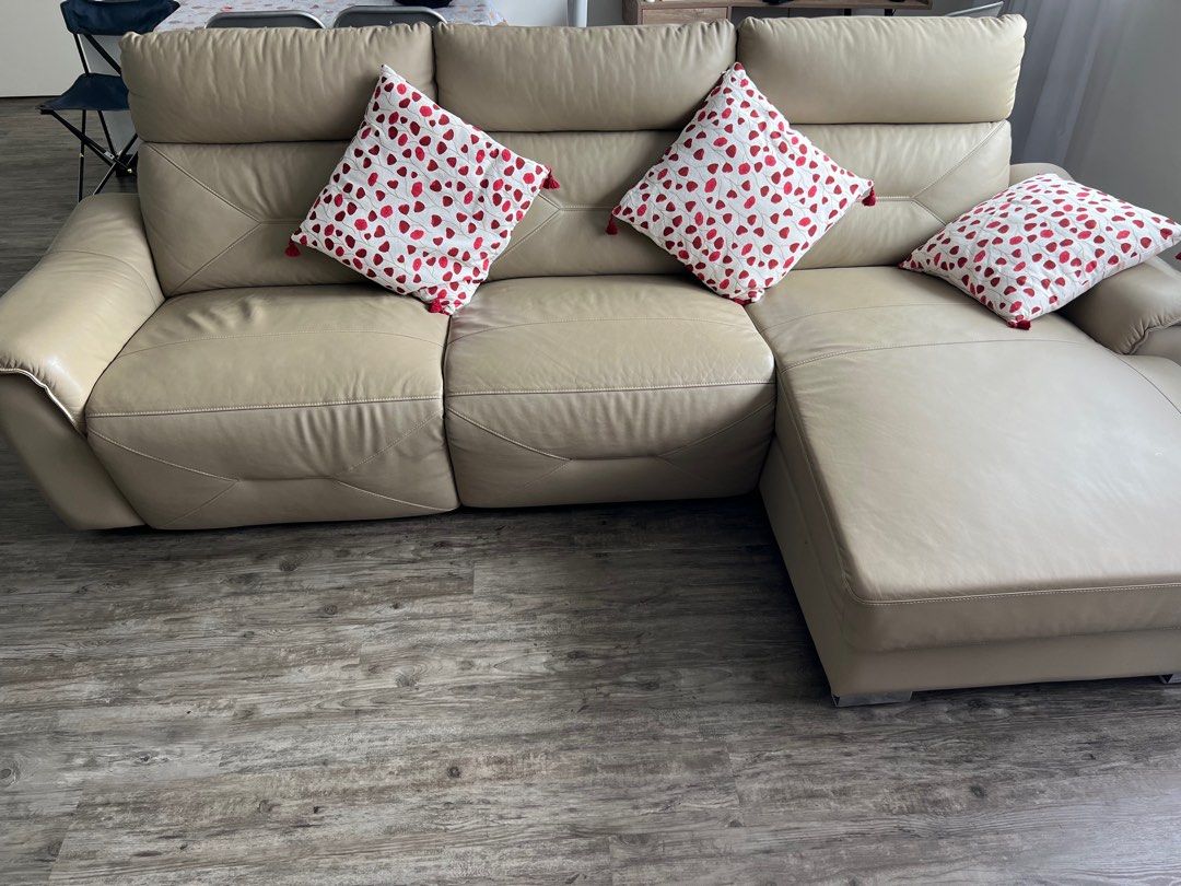 Leather Lshaped sofa (with chaise + recliner), Furniture & Home Living