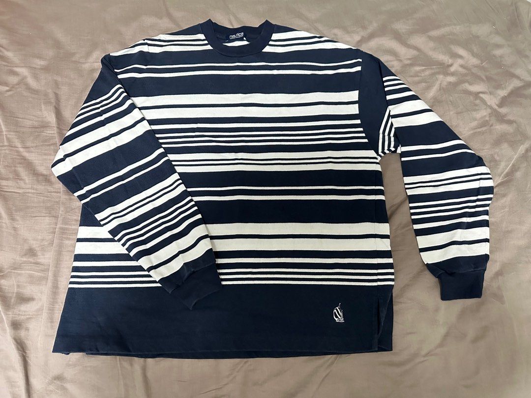 Nautica JAPAN multi border ls tee navy 間條, 男裝, 上身及套裝, T