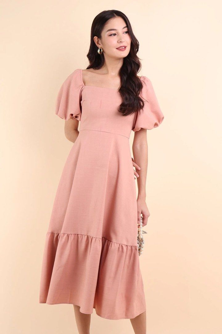 NEONMELLO PARISA PUFF SLEEVE MIDI DRESS IN BLUSH (SIZE L), Women's - Main Image