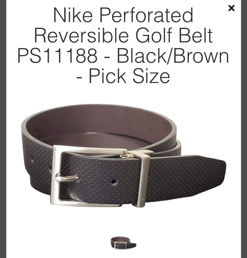 Nike Perforated reversible belt (black/brown) (Category: Belts) located in Paranaque City. Submitted by candidacm (Listing ID 1209600298, Image 2). Description: Bought from Canada. Malaki pala kay hubby 😔 you may check the model number indicated for reference..