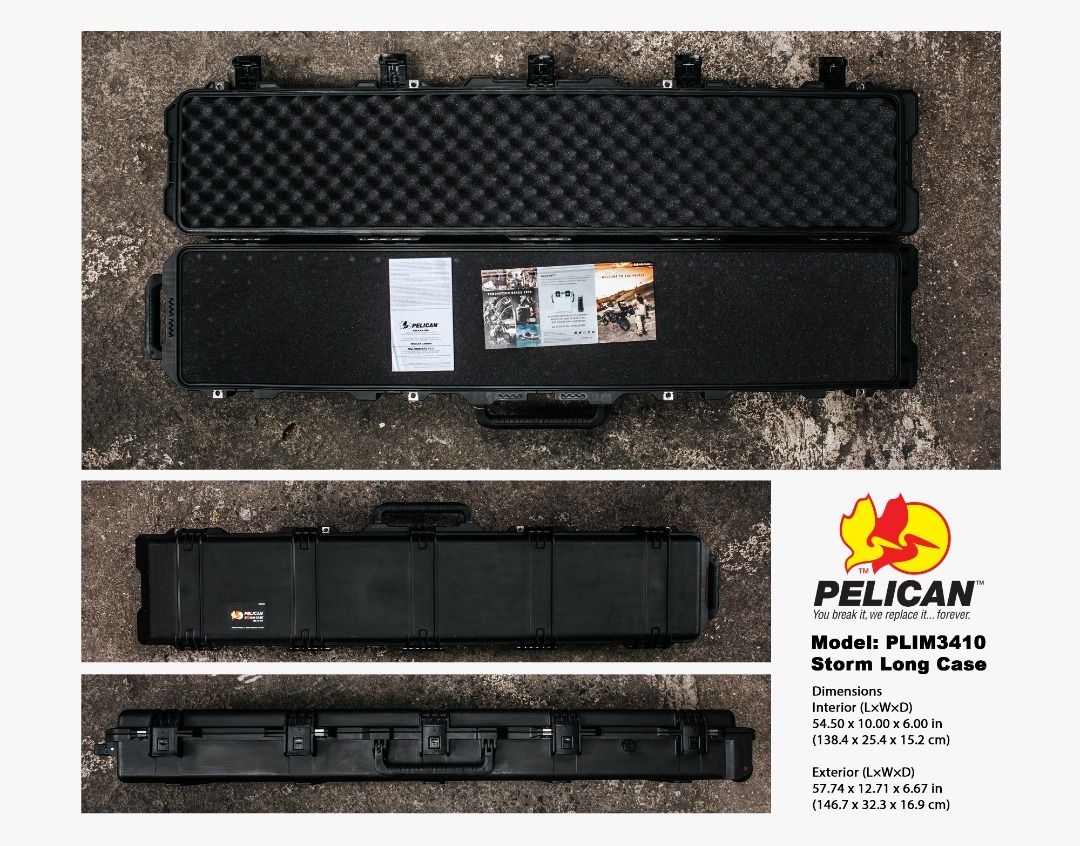 Pelican Case Hard Case (Category: Dry Boxes & Cabinets) located in Pasig City. Submitted by lee025 (Listing ID 1209449486, Image 1). Description: Store Pull out kaya expect po na may scratch po Delivery / Shipping fee will be shouldered by the buyer Actual Photo / price posted 𝐌𝐨𝐝𝐞𝐥: 𝐏𝐋𝐈𝐌𝟑𝟒𝟏𝟎 𝐒𝐭𝐨𝐫𝐦 𝐋𝐨𝐧𝐠 𝐂𝐚𝐬𝐞 Dimensions Interior (L×W×D) 54.50 x 10.00 x 6.00 in (138.4 x 25.4 x 15.2 cm) Exterior (L×W×D) 57.74 x 12.71 x 6.67