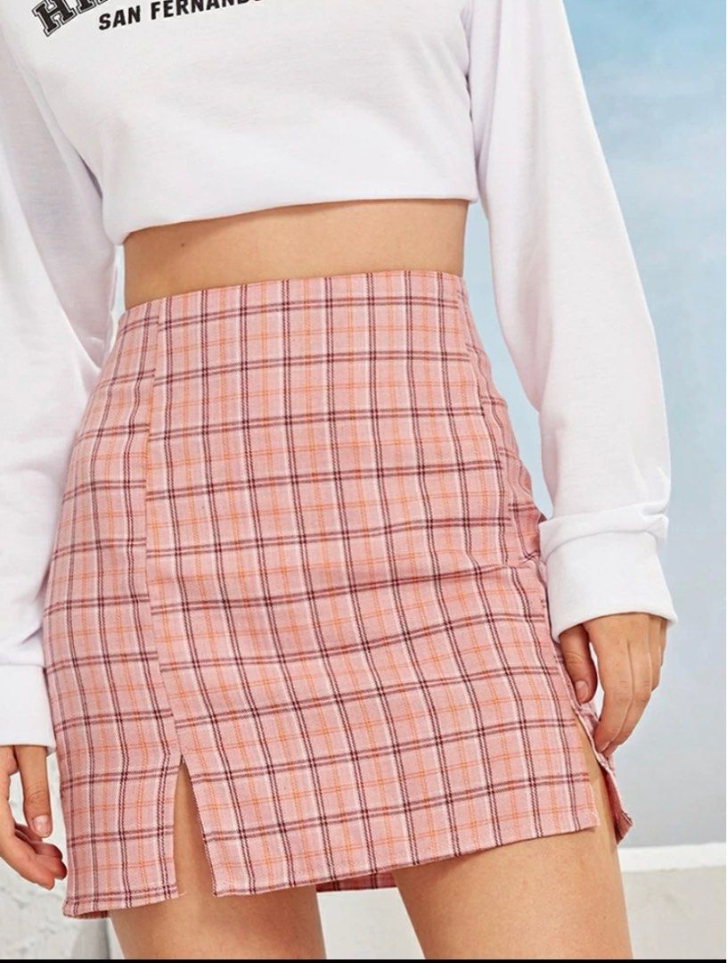 pink plaid a line skirt