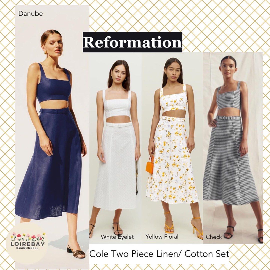 SALE Reformation Cole Two Piece Linen Cotton Top Skirt Set Danube blue white eyelet yellow florals black check