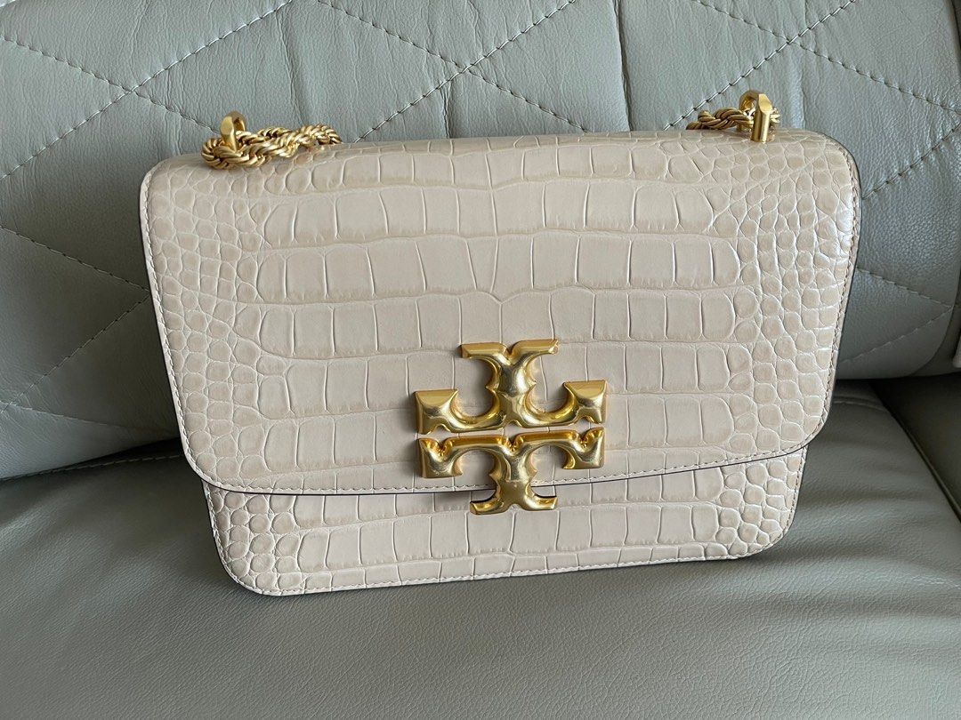Tory Burch Eleanor Croc Embossed Shoulder Bag Perfect Sand, Luxury