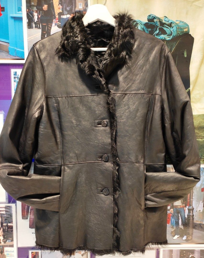 Vintage black leather jacket with fur lining Women s Fashion