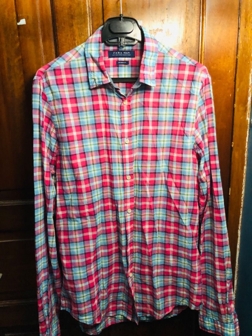 Zara shirt cek , relaxed fit, pink sky blue color, Fesyen Pria, Pakaian